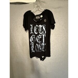 Y2K Young Machines Shirt Wmns L Black Lets Get Lost Slash Back Cutout Tee Top